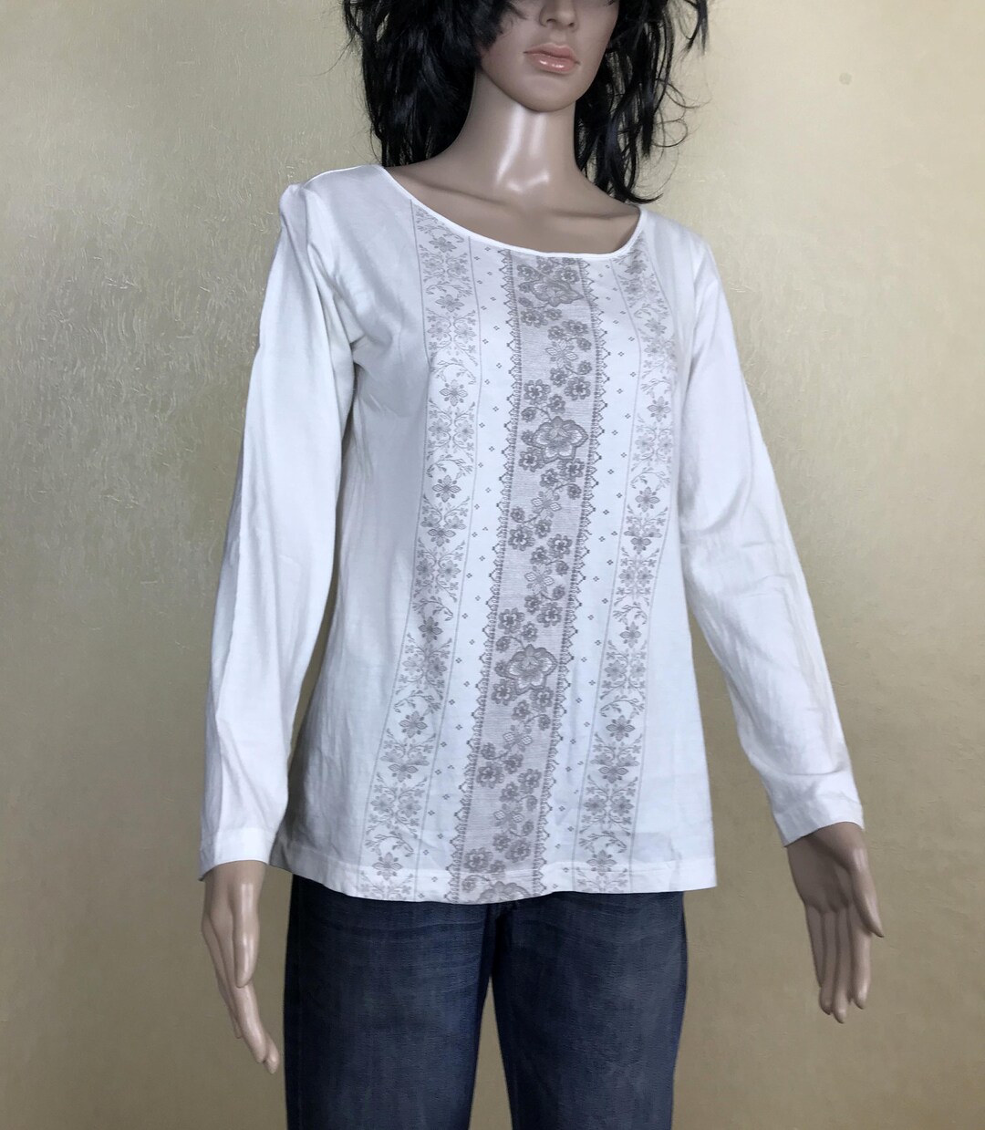 Women's Floral Cotton Blouse Round Neck Long Sleeve Top - Etsy