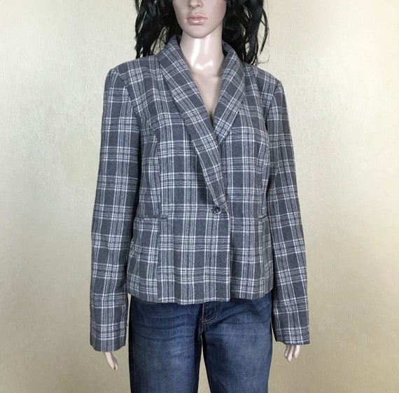 Women's Wool Plaid Blazer with Shawl Collar, Vinta