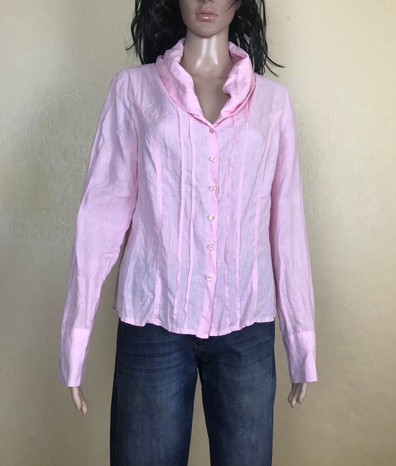 Linen Jabot Shirt Pink Linen Blouse 90s Great Condition Size L Simple Linen Blouse Summer Blouse