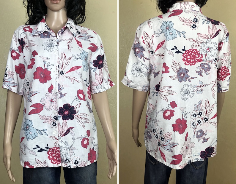 Plus Size Women/'s Floral Linen Shirt by BONITA 90s Vintage Size XL