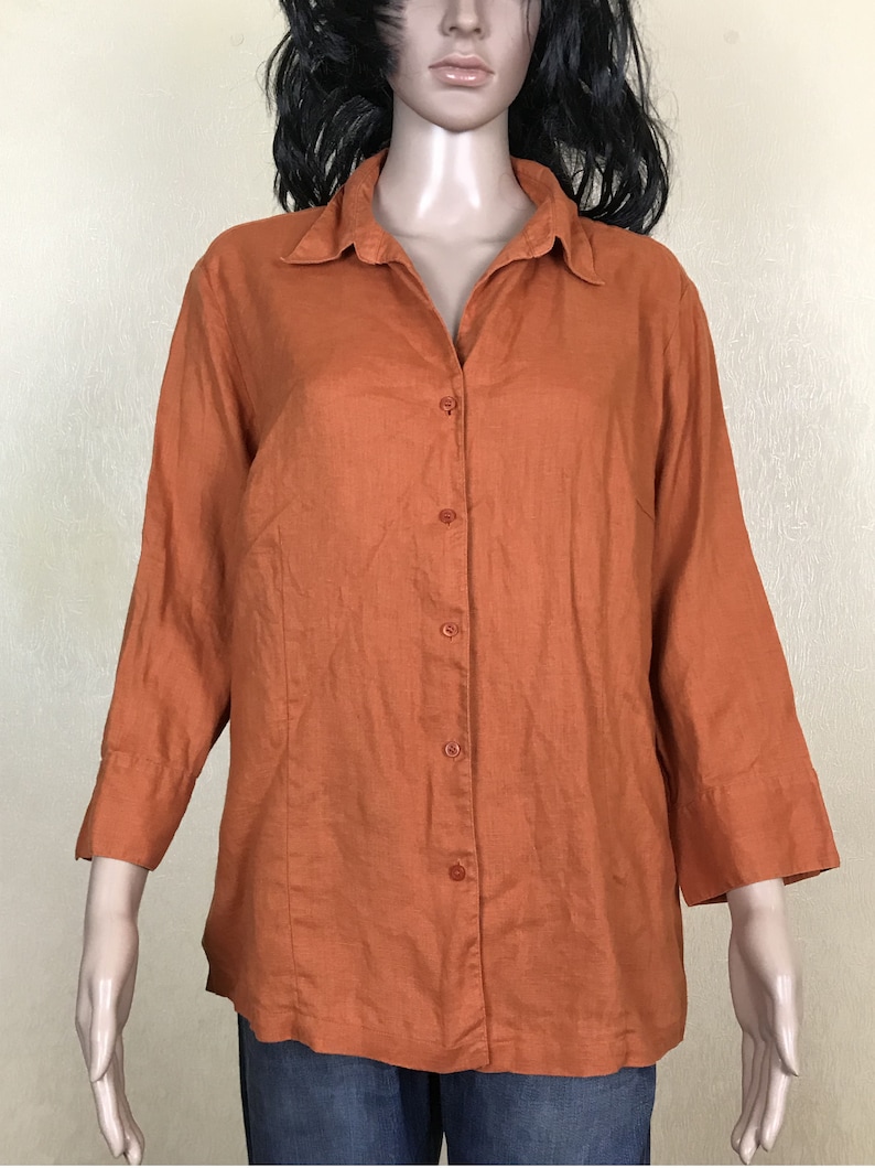 vintage 90s size XL collared blouse with 34 sleeves Marco Pecci linen blouse women/'s orange shirt