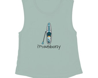 May include: A light blue sleeveless shirt with a graphic of a paddleboard and paddle and the text "i'm outdoorsy".