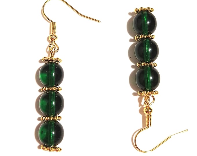 Czech Green Glass Beads with Gold Wire Ear Hooks