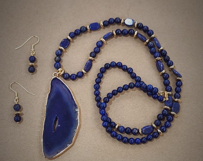 Blue Lapis and Gold Hematite Necklace with Agate Pendant and Gold Filled Earrings Set - Gemstone Jewelry Set - Boho Crystal Gift for her