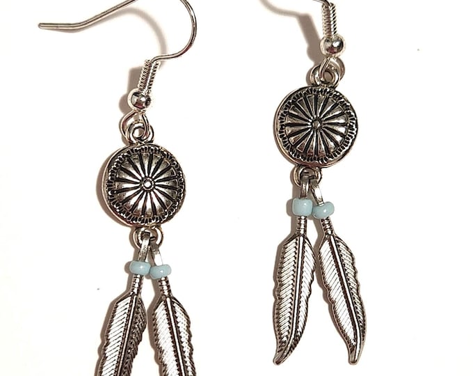 Western Style Silver Feather Earrings with Ear Wire Hooks