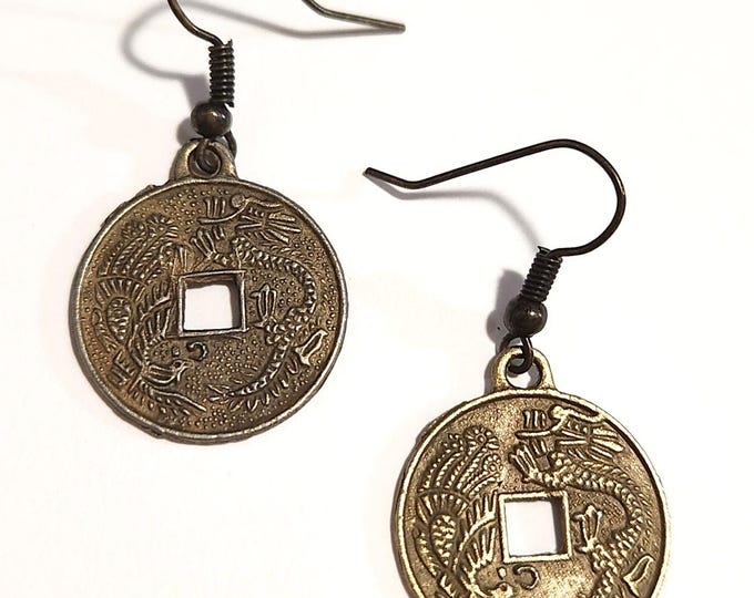 Chinese Coin Earrings with Dragons & Symbols
