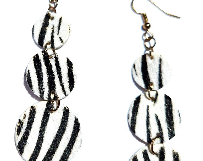 Leather Zebra Earrings with Gold Plated Ear Wire Hooks