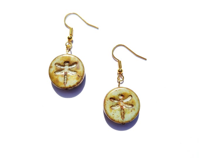 Dragonfly Czech Glass Earrings with Gold Plated Hooks