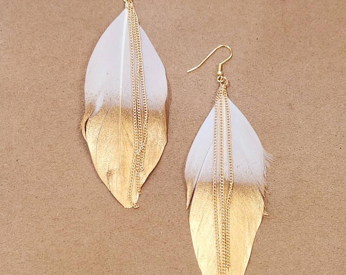 Gold Dipped Feather Earrings, Gold Chain Dangles