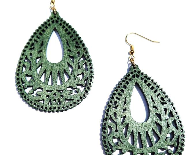 Green Wood Dangle Earrings