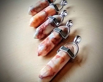 Crystal Necklace; red and white jasper; pillar pendant for crystal healing