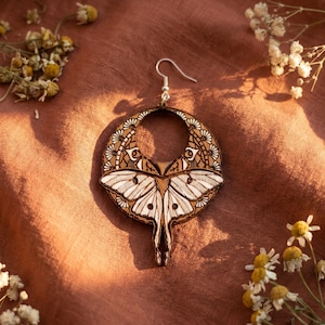 Luna moth wooden earrings; boho earrings; boho wooden earrings; shabby chic earrings