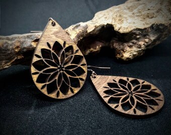 Mandala wood earrings; long wood earrings; laser cut wood earrings; light wood earrings; women's wood earrings