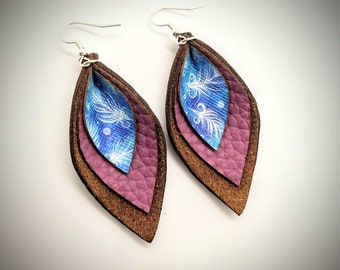 Leather pinch earrings; blue and purple earrings; genuine leather earrings; faux leather earrings; colorful leather earrings