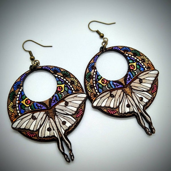 Luna moth wooden earrings; boho earrings; boho wooden earrings; shabby chic earrings