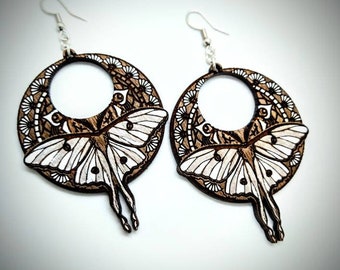 Luna moth wooden earrings; boho earrings; boho wooden earrings; shabby chic earrings