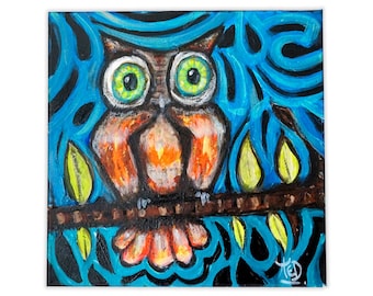 Orange Owl. Acrylic Painting on Canvas.