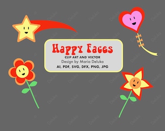 Star, Heart  and Flower Happy Faces, Vector Digital Art  Download File