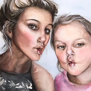 May include: A watercolor painting depicting two individuals with brown hair making fish-like expressions with their lips. The person on the left wears a dark gray top with a high neckline, while the person on the right wears a light pink shirt.