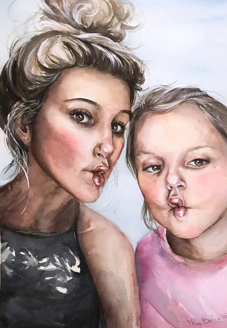 May include: A watercolor painting depicting two individuals with brown hair making fish-like expressions with their lips. The person on the left wears a dark gray top with a high neckline, while the person on the right wears a light pink shirt.