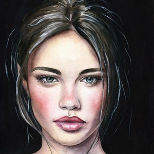 May include: A watercolor portrait of a person with dark brown hair pulled back, light green eyes, and rosy cheeks against a solid black background. The subject has a neutral expression, defined eyebrows, and pink lips, rendered in a realistic style.
