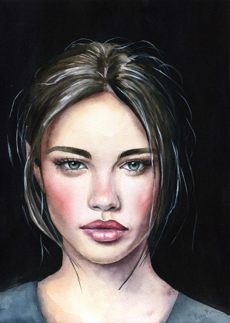 May include: A watercolor portrait of a person with dark brown hair pulled back, light green eyes, and rosy cheeks against a solid black background. The subject has a neutral expression, defined eyebrows, and pink lips, rendered in a realistic style.