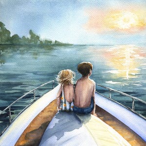 May include: A watercolor painting depicts two figures sitting on the bow of a boat, facing a calm body of water at sunset. The person on the left wears a light-colored patterned top, while the person on the right is shirtless with dark shorts.