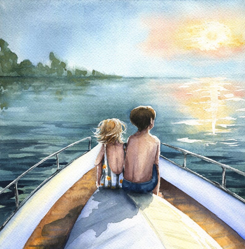 May include: A watercolor painting depicts two figures sitting on the bow of a boat, facing a calm body of water at sunset. The person on the left wears a light-colored patterned top, while the person on the right is shirtless with dark shorts.