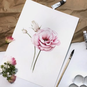 Arte em aquarela floral, decoração de parede com peônia suave, arte floral minimalista, presente para ela ou para a mãe