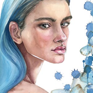 May include: A watercolor painting of a person with long, flowing blue hair and a neutral expression. The portrait is accented by blue butterfly wings and vibrant blue paint splatters that create a dynamic, artistic effect against a white background.
