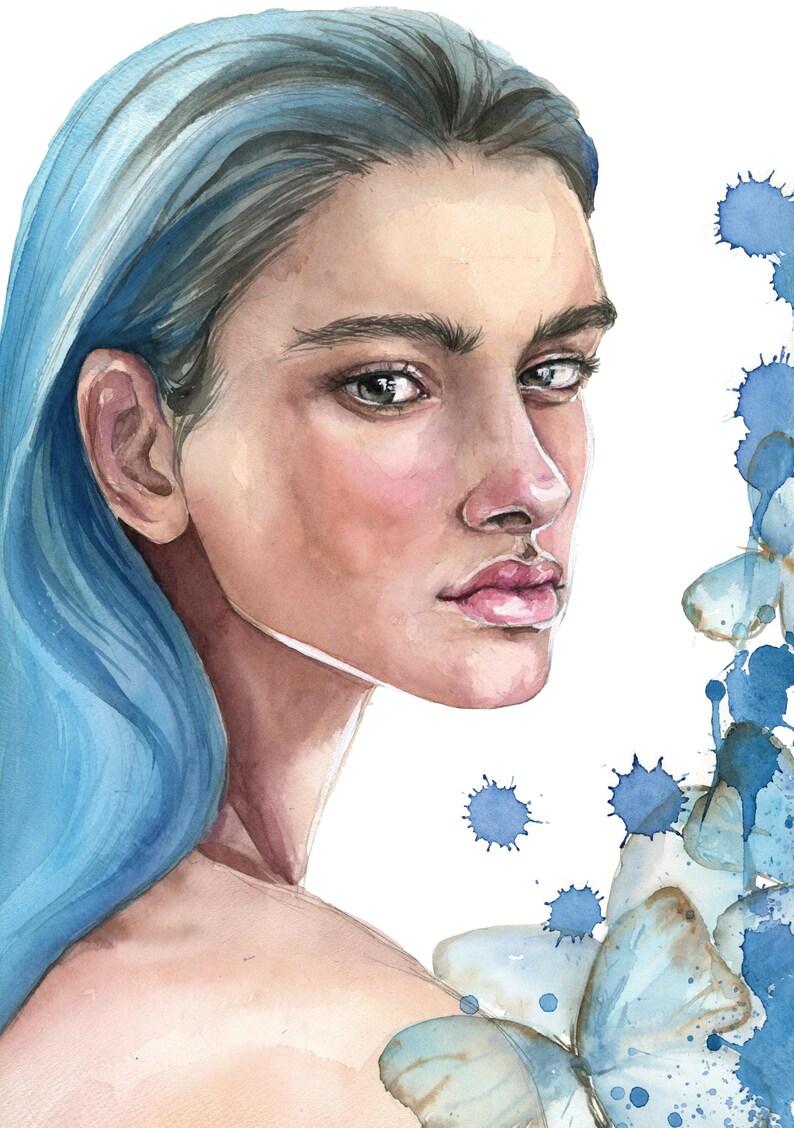 May include: A watercolor painting of a person with long, flowing blue hair and a neutral expression. The portrait is accented by blue butterfly wings and vibrant blue paint splatters that create a dynamic, artistic effect against a white background.