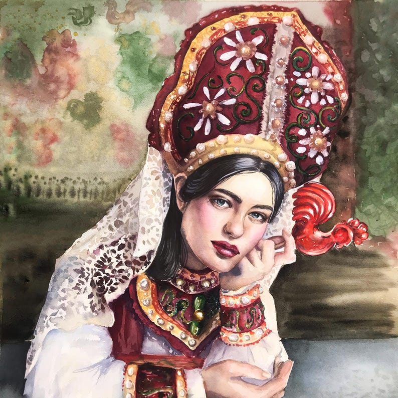 May include: A watercolor painting of a person wearing a tall, ornate red kokoshnik headdress decorated with white floral patterns and pearls. The person wears a white lace veil, a red bodice with gold trim, and a red rooster-shaped accessory.