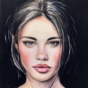 May include: A watercolor portrait painting of a person with dark hair pulled back, featuring light eyes, rosy cheeks, and full lips. The subject is set against a solid black background, with visible brushstrokes and white highlights in the hair.
