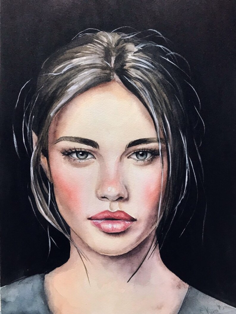 May include: A watercolor portrait painting of a person with dark hair pulled back, featuring light eyes, rosy cheeks, and full lips. The subject is set against a solid black background, with visible brushstrokes and white highlights in the hair.