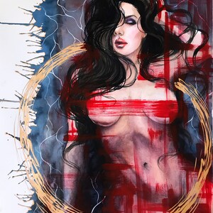 May include: A mixed media painting featuring a person with long black hair, dark eyeshadow, and red lips. The figure is partially obscured by bold, horizontal red brushstrokes and a large, circular gold-painted ring against a dark blue background.