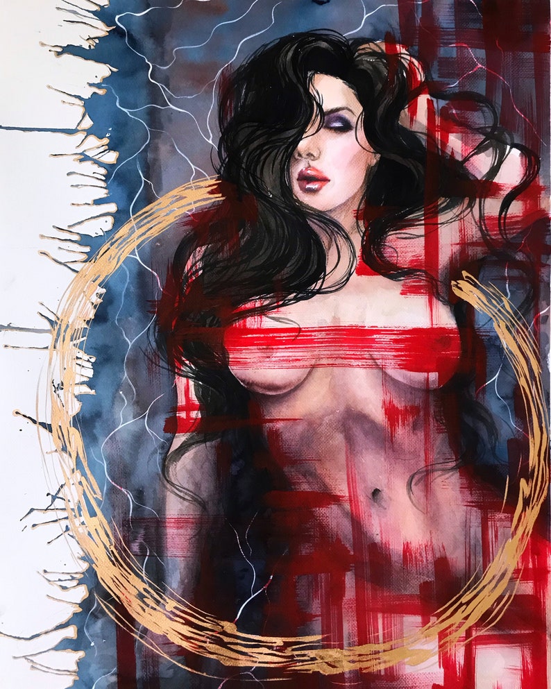 May include: A mixed media painting featuring a person with long black hair, dark eyeshadow, and red lips. The figure is partially obscured by bold, horizontal red brushstrokes and a large, circular gold-painted ring against a dark blue background.