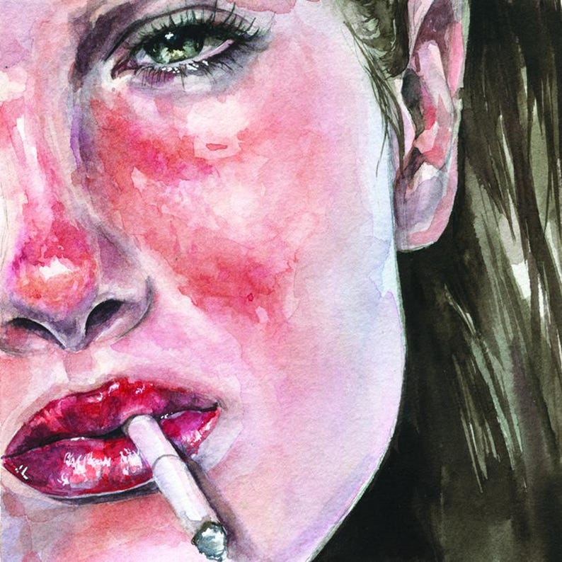 May include: A watercolor painting of a face featuring vibrant pink and red skin tones, a single green eye with dark lashes, and glossy red lips holding a white cigarette. The hair is rendered in dark brown and black strokes against the face.