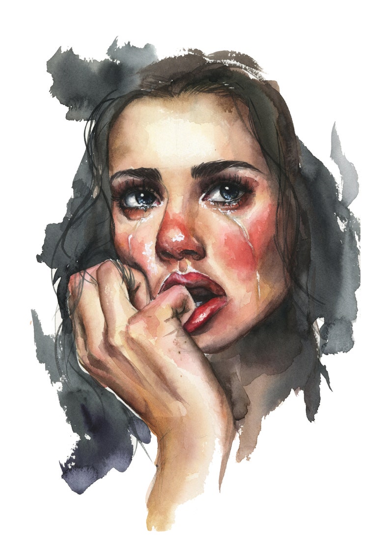 May include: A watercolor painting of a face with dark hair, featuring visible tears streaming down flushed cheeks. The subject has red lips, with one hand raised to the mouth, biting a finger. The background consists of abstract dark gray ink washes.