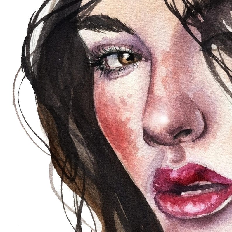 May include: A watercolor painting of a face featuring dark brown hair, a brown eye with long eyelashes, and vibrant red lips. The skin tone is fair with soft pink blush on the cheek, rendered with visible brushstrokes and fluid paint textures.