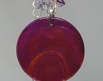 Round Deep pink natural agate pendant necklace.