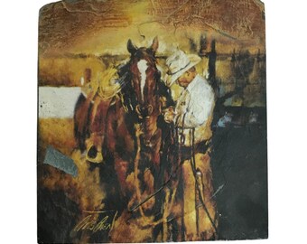 Lámina artística de Chris Owen, vaquero y caballo del oeste, impresa en pizarra, 10 x 9,5 pulgadas, EE. UU.