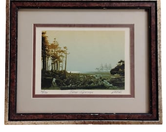 Litografía antigua de Iron Springs Tall Ship Horizon Shoreline 16/170 Firmada por Grell Enmarcada 9 X11
