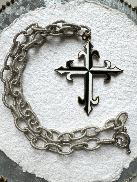 Antique French Enamel Cross Metallic Chain Gothic… - image 5
