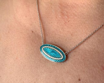 Art Nouveau Enamel Pendant Necklace Aqua Blue Guilloche Sterling Silver Chain, Conversion