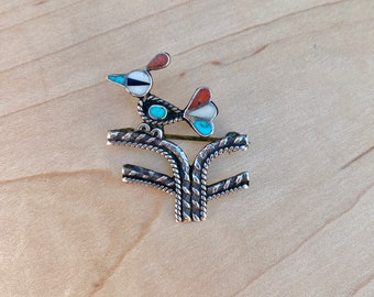 Vintage Zuni Bird Sterling Silver Brooch, Inlayed Stones, Turquoise, Pearl, Coral