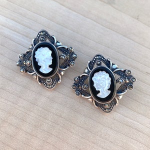 Modern Sterling Silver Marcasite Earrings, Cameo, Onyx,  Vintage Look