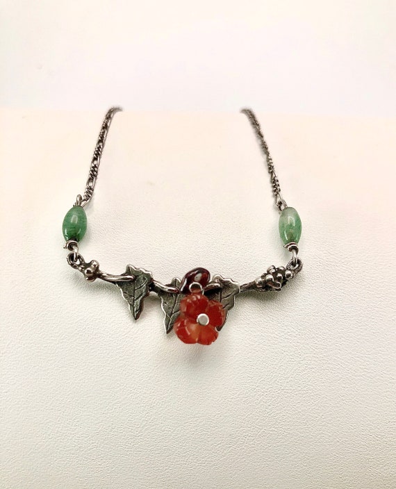 Handmade Sterling Necklace, Jade/Cornelian Flower… - image 1