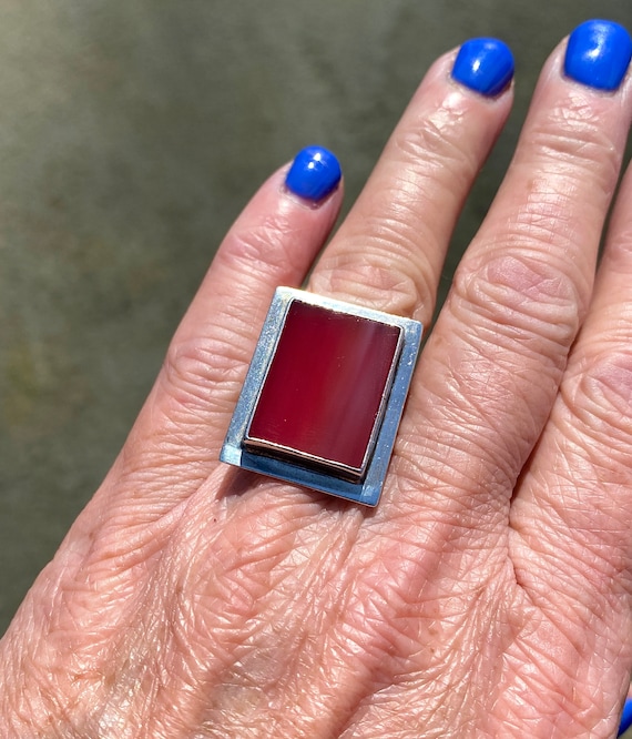 Sterling Silver Rectangular red Agate Ring, Modern - image 2