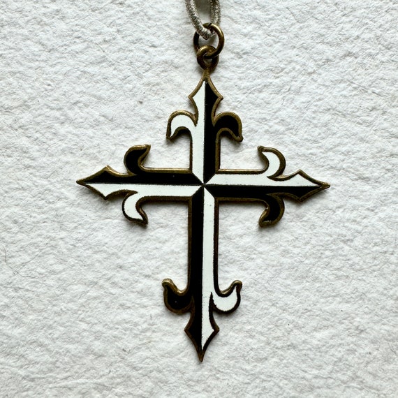 Antique French Enamel Cross Metallic Chain Gothic… - image 2