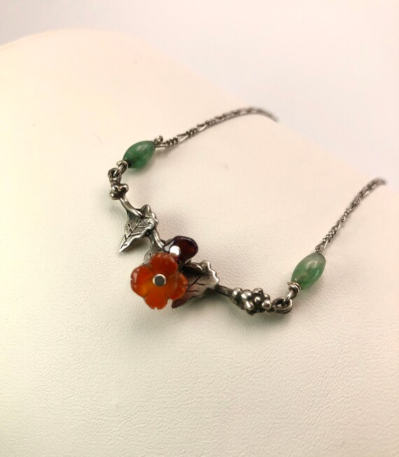 Handmade Sterling Necklace, Jade/Cornelian Flower… - image 2